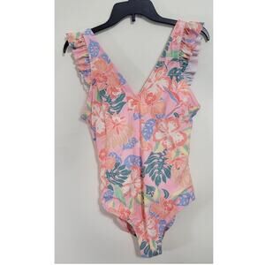 Jessica Simpson One Piece Swimsuit Pink Floral Ruffled Sleeves Size Medium NWOT
